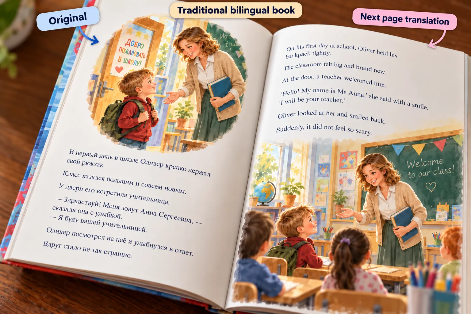 A traditional bilingual book: Russian text on the left page, the full English translation on the right