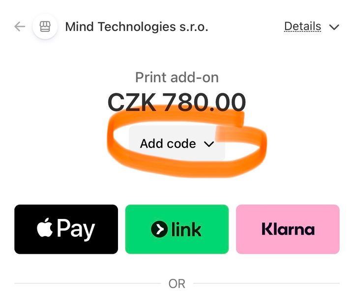 The payment page, with the “Add code” button under the order total