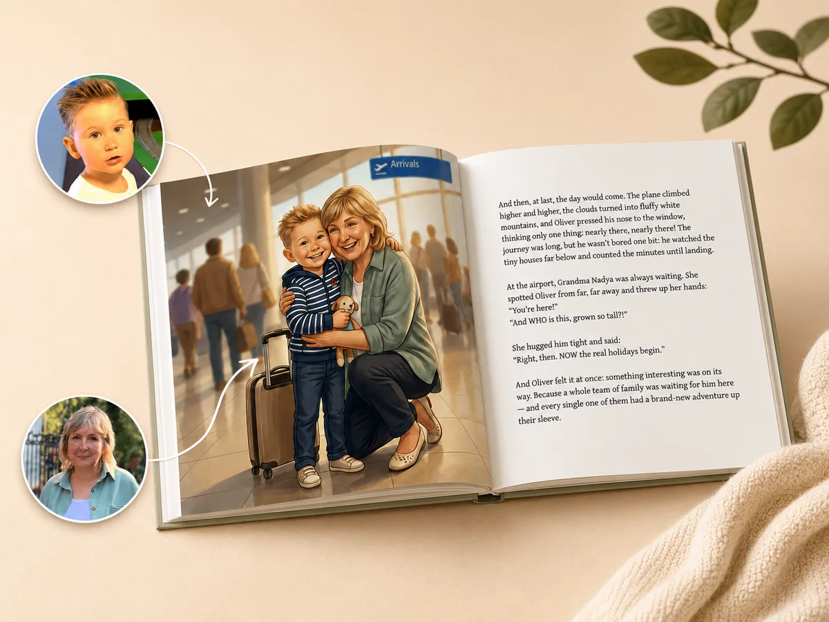 An open Booku showing a boy meeting his grandmother at the airport, with the real photos they were drawn from