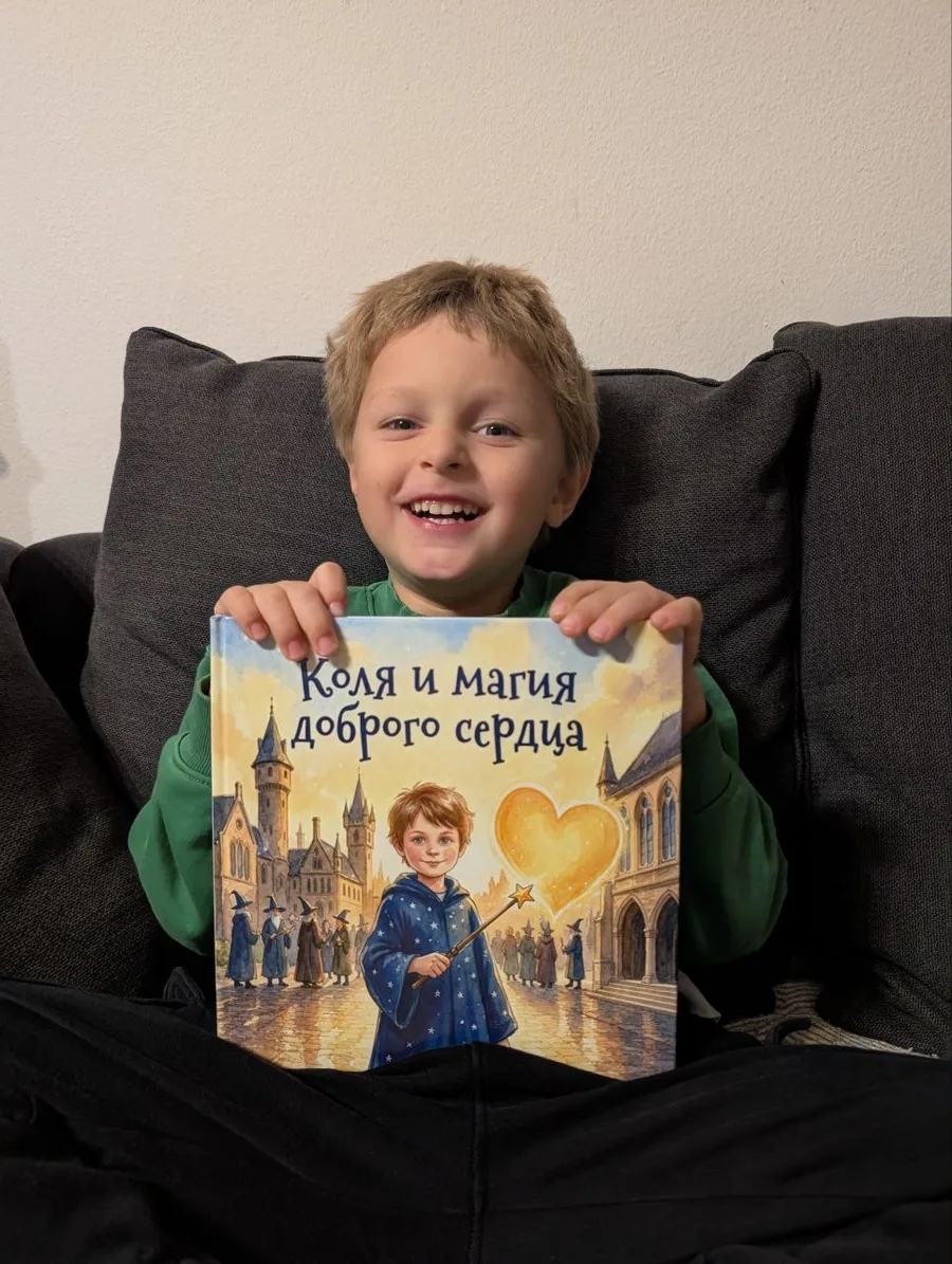 A boy on a sofa smiling and holding up his Booku book
