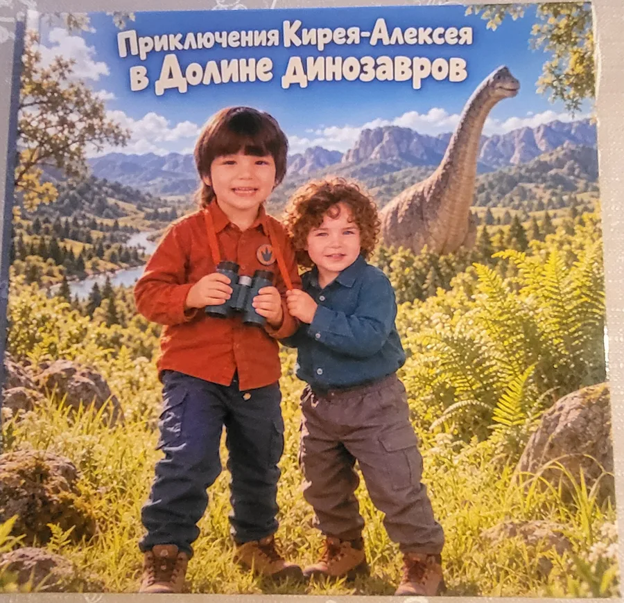 The printed book «The Adventures of Kirey-Alexey in the Valley of Dinosaurs»: two boys with binoculars and a dinosaur on the cover