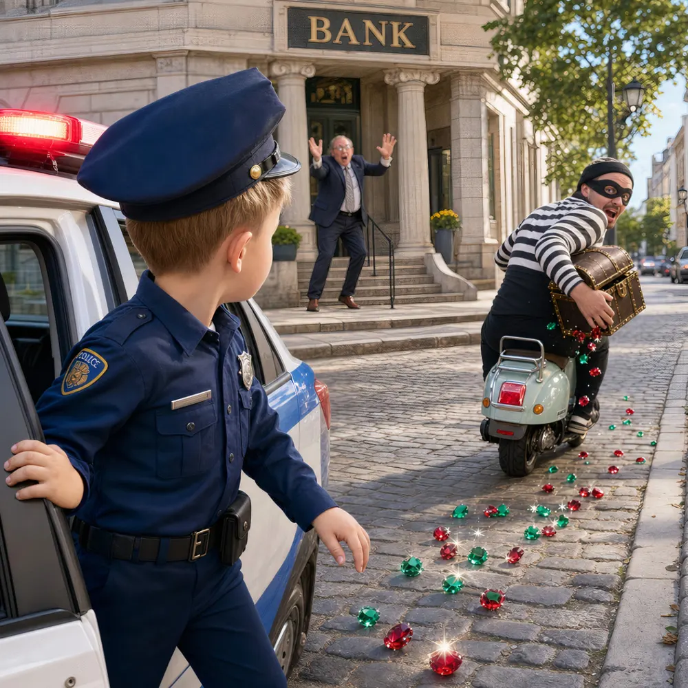 Illustration from a Booku personalised book: a boy in a police uniform jumps out of a patrol car as a robber escapes from the bank on a scooter, dropping jewels