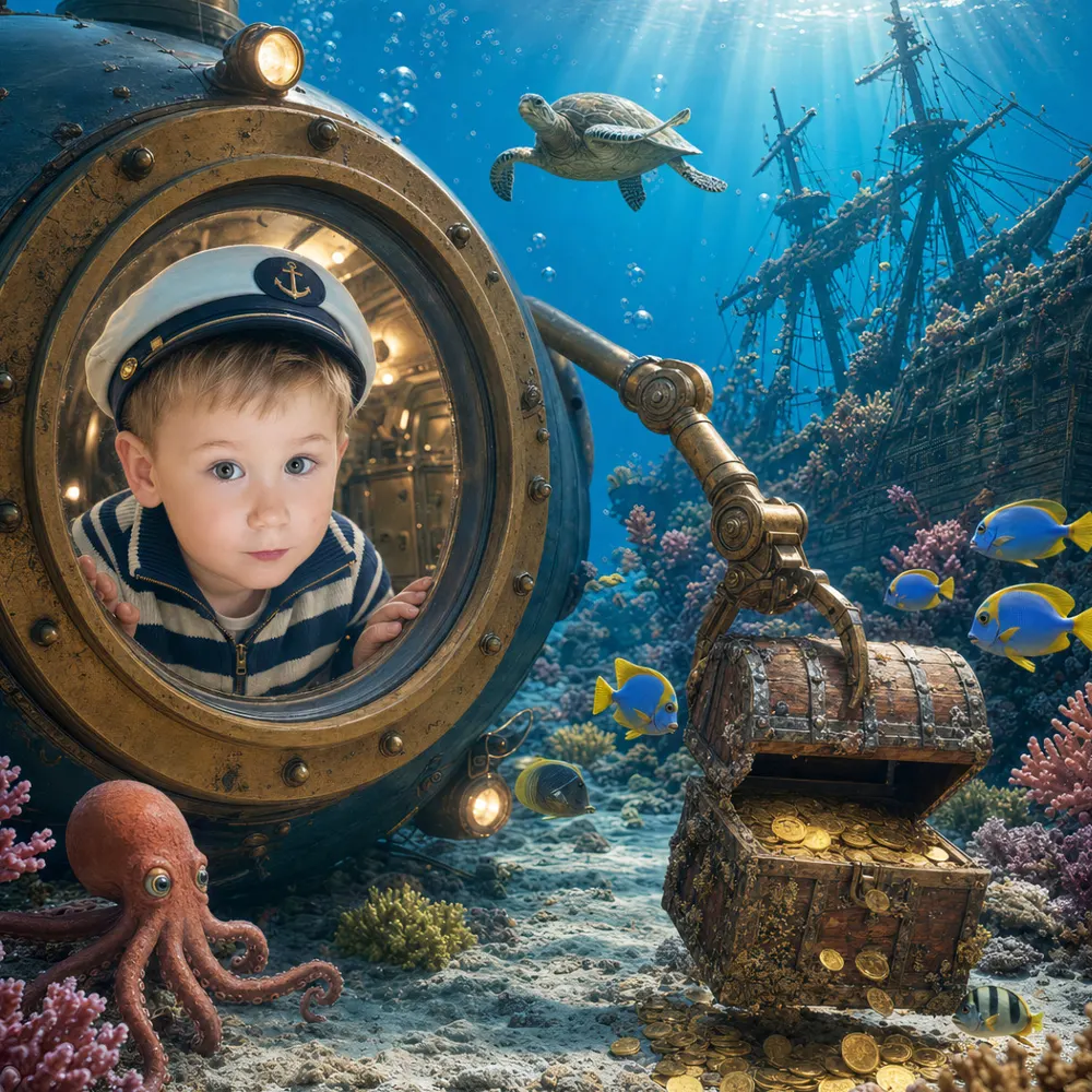 Illustration from a Booku personalised book: a boy in a captain's cap looks out of a submarine porthole at a treasure chest beside a sunken ship