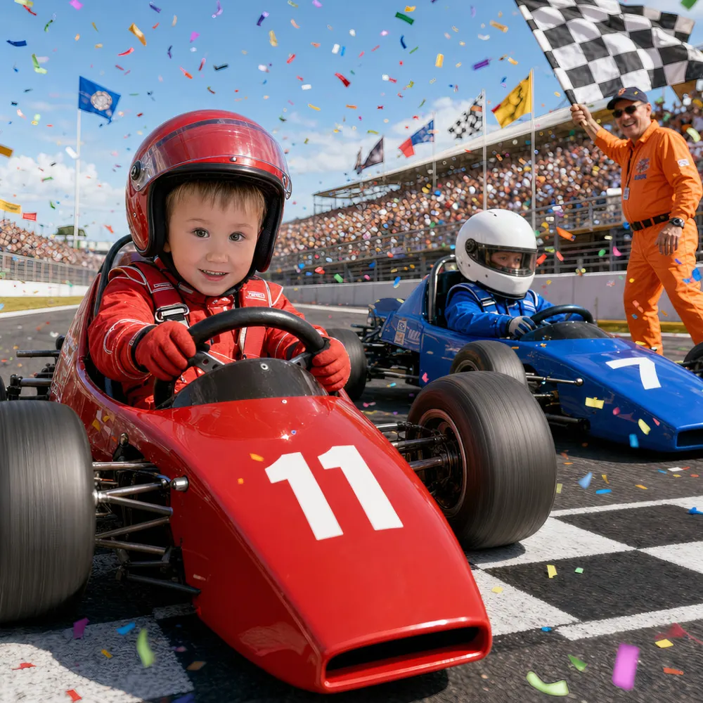 Illustration from a Booku personalised book: a boy in a red helmet at the wheel of race car number 11 on the starting grid