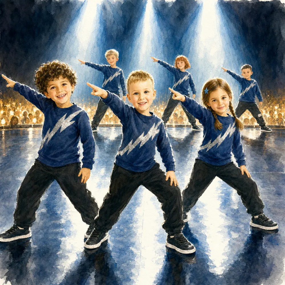 Illustration from a Booku personalised book: a boy and two friends in storm-blue costumes freeze in the final pose under stage lights