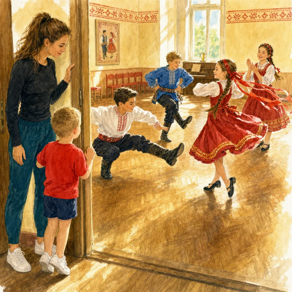 Illustration from a Booku personalised book: a boy peeks through a doorway at a folk dance class, dancers in red stamping and spinning