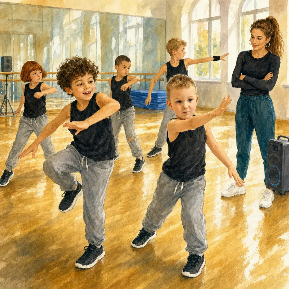 Illustration from a Booku personalised book: a boy in a black vest strikes a storm-dance pose with his group in a sunny studio