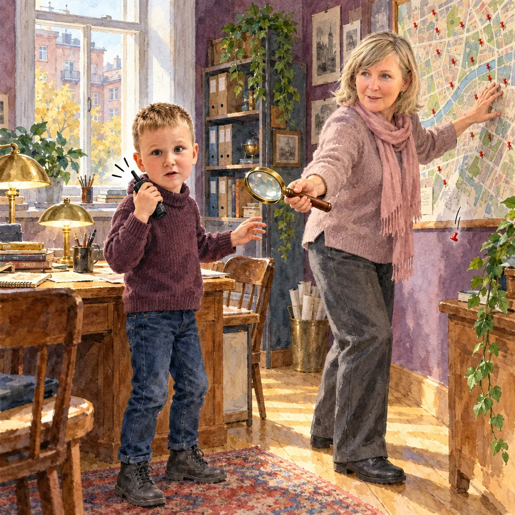 Illustration from a personalised Booku book: a boy detective holds a radio to his ear in the detective bureau while his grandmother, by a city map, hands him a magnifying glass