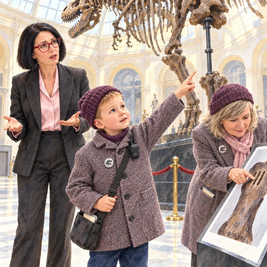 Illustration from a personalised Booku book: a boy detective points at a T. rex skeleton with an empty iron prop where its thigh bone should be; his grandmother studies a photo of the bone and the museum director spreads her hands