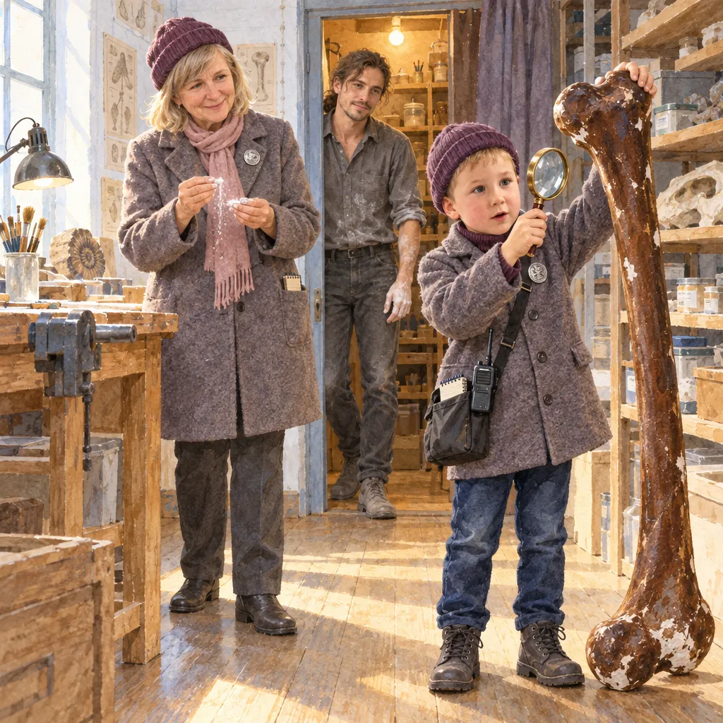 Illustration from a personalised Booku book: a boy detective lifts a huge bone with one hand and studies it through a magnifying glass while his grandmother rubs white dust between her fingers and the restorer freezes in the workshop doorway