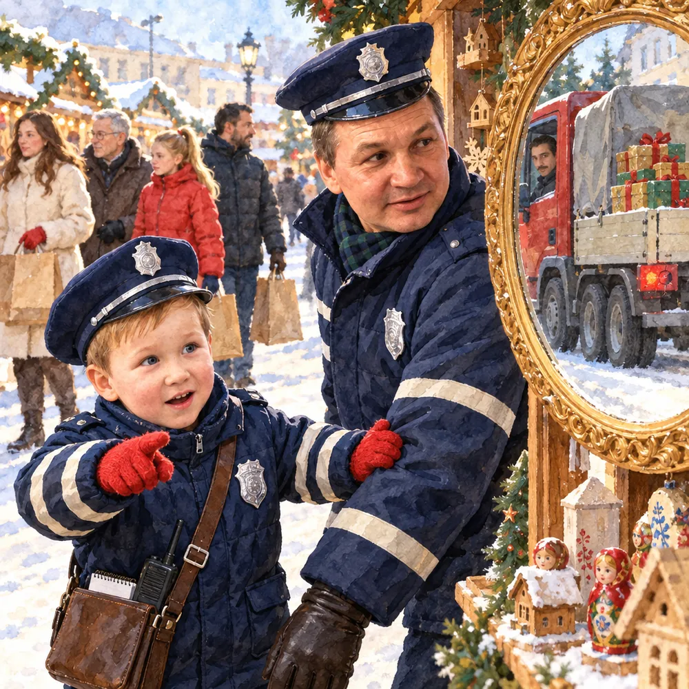 Illustration from a personalised Booku book: a boy police officer in a peaked cap grabs his police-officer grandfather’s sleeve by a souvenir stall at the Christmas market; a round gilded mirror reflects a truck under grey tarpaulin