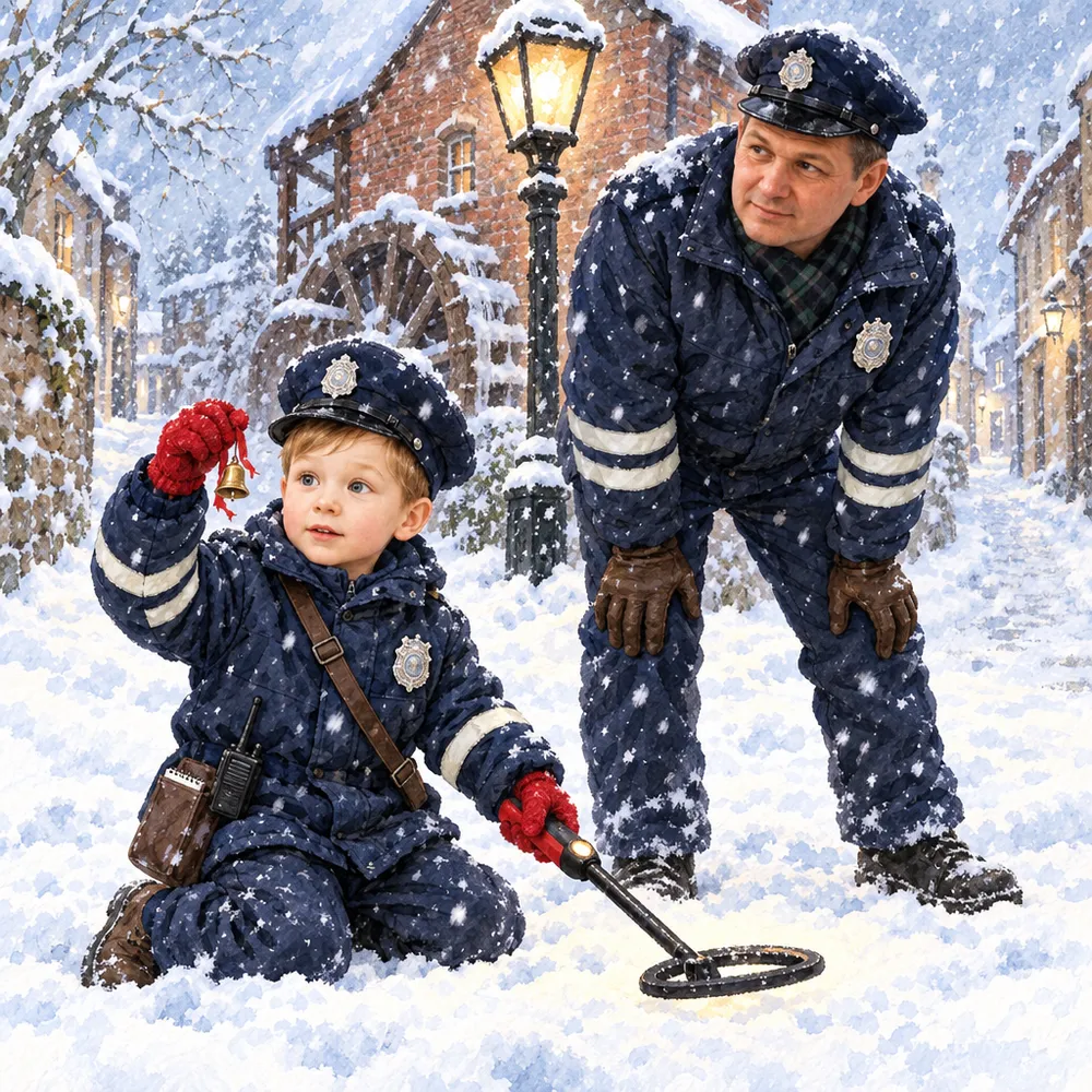 Illustration from a personalised Booku book: a boy police officer kneels in a snowy alley holding a metal detector while his police-officer grandfather bends beside him under a street lamp