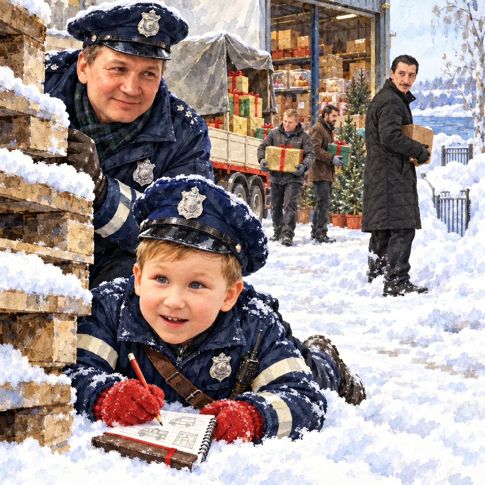 Illustration from a personalised Booku book: a boy police officer lies in the snow behind a stack of pallets drawing the warehouse in his notebook while his police-officer grandfather looks over his shoulder; beyond the fence an open warehouse is full of boxes