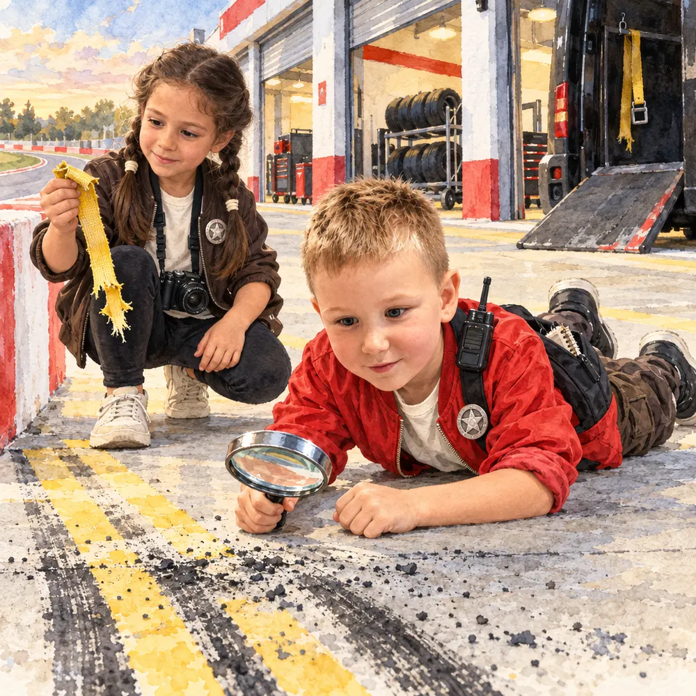 Illustration from a personalised Booku book: a boy detective lies on the pit-lane concrete studying tyre marks that stop dead through a magnifying glass; his partner holds a torn yellow strap