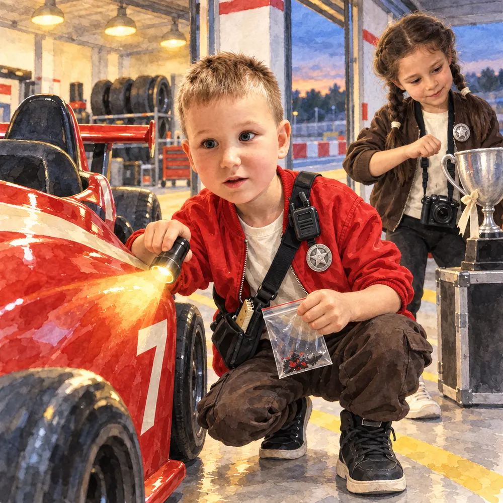 Illustration from a personalised Booku book: a boy detective crouches by red race car number seven, shining a torch along its side and holding an evidence bag; a girl stands by the trophy