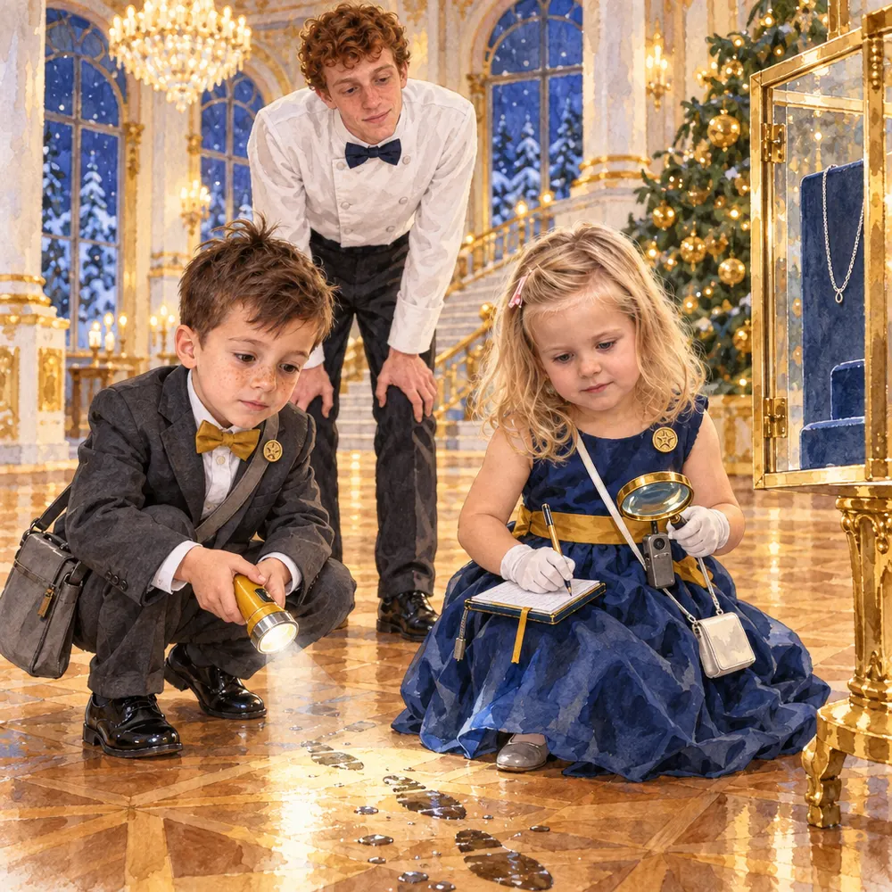 Illustration from a personalised Booku book: a girl detective in a blue ball gown crouches on the parquet by a display case studying wet footprints through a magnifying glass while her partner shines a torch
