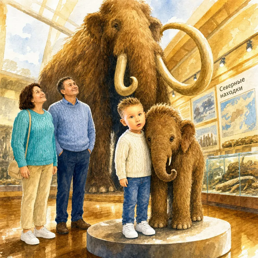 Illustration from a Booku personalised book: a boy stands with Grandma and Grandpa beside a woolly mammoth and its calf in a museum hall