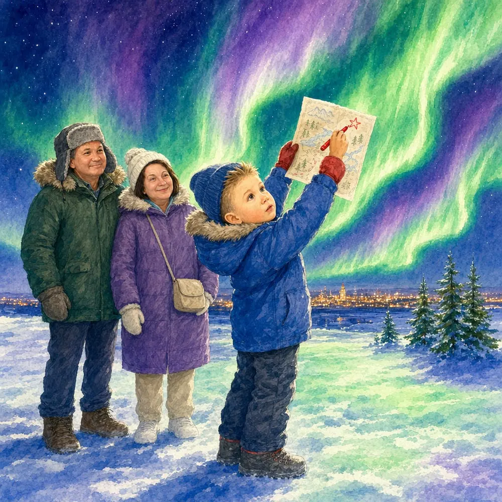 Иллюстрация из именной книги Booku: мальчик в зимней куртке показывает бабушке и дедушке свою карту под северным сиянием в тундре