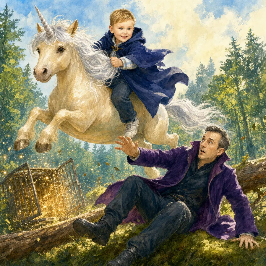 Иллюстрация из именной книги Booku: мальчик в мантии верхом на белом единороге взмывает над лесной поляной, колдун в лиловом плаще падает в мох