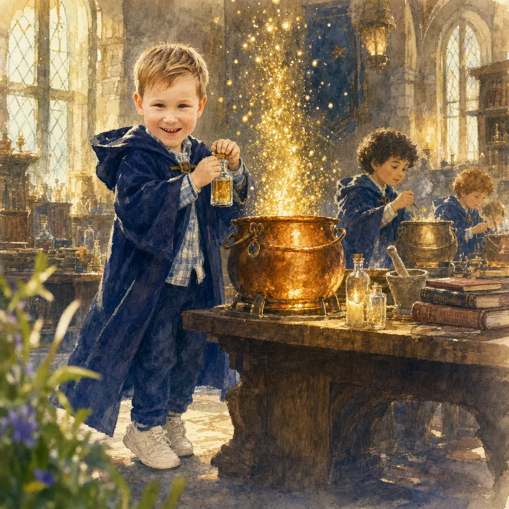 Иллюстрация из именной книги Booku: мальчик в синей мантии варит зелье в медном котле, над котлом взлетает фонтан золотых искр