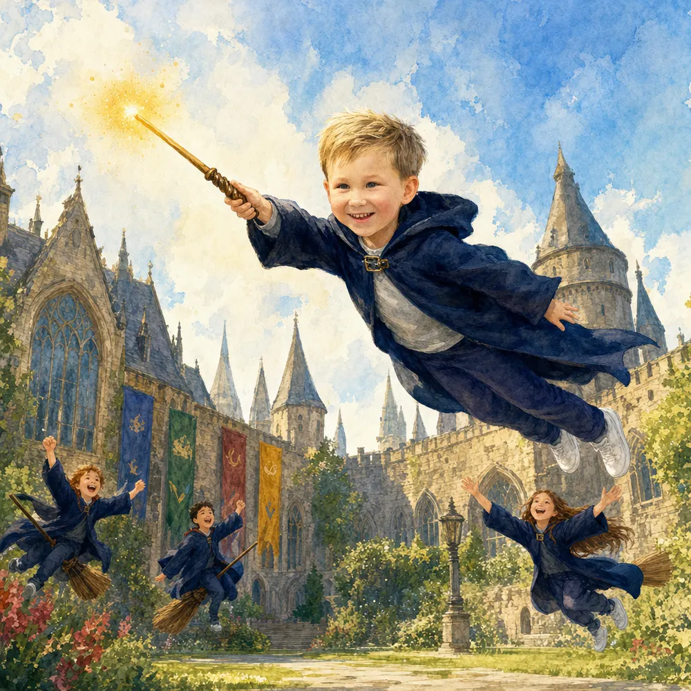 Иллюстрация из именной книги Booku: мальчик в синей мантии летит над школьным двором с волшебной палочкой в вытянутой руке, вокруг летают ученики