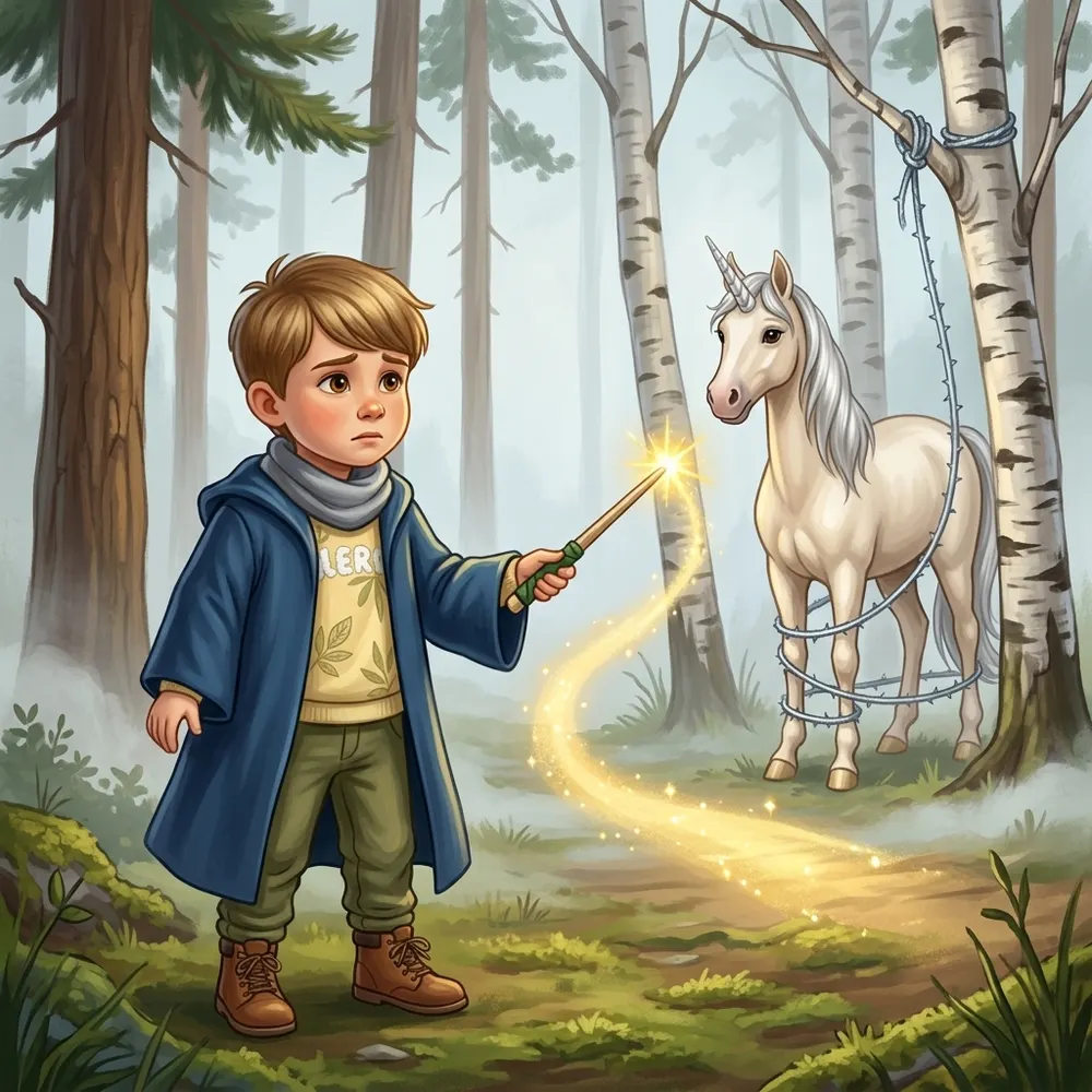 Illustration from a Booku personalised book: a boy holds up his wand and a golden path of light leads through the misty forest to a unicorn caught in a silver snare