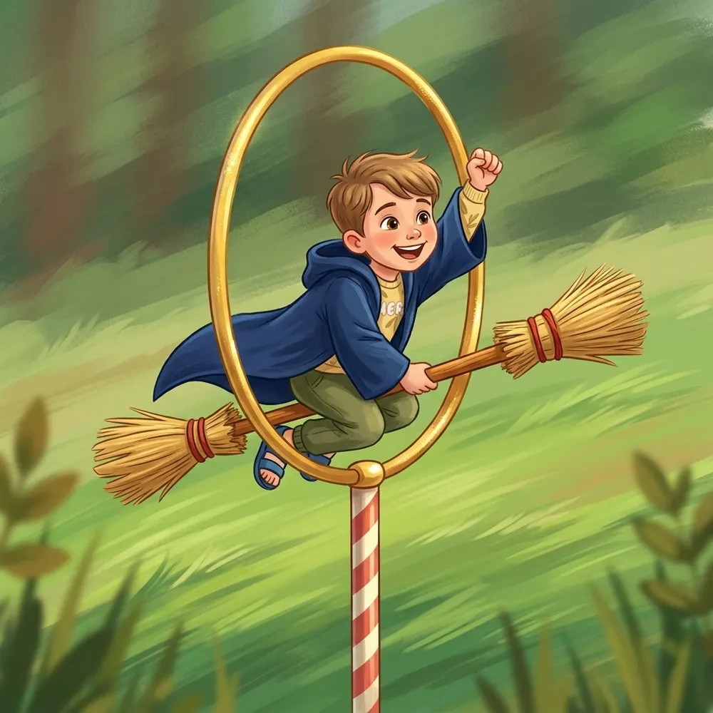 Illustration from a Booku personalised book: a boy on a broomstick swoops through a golden hoop in a broom race
