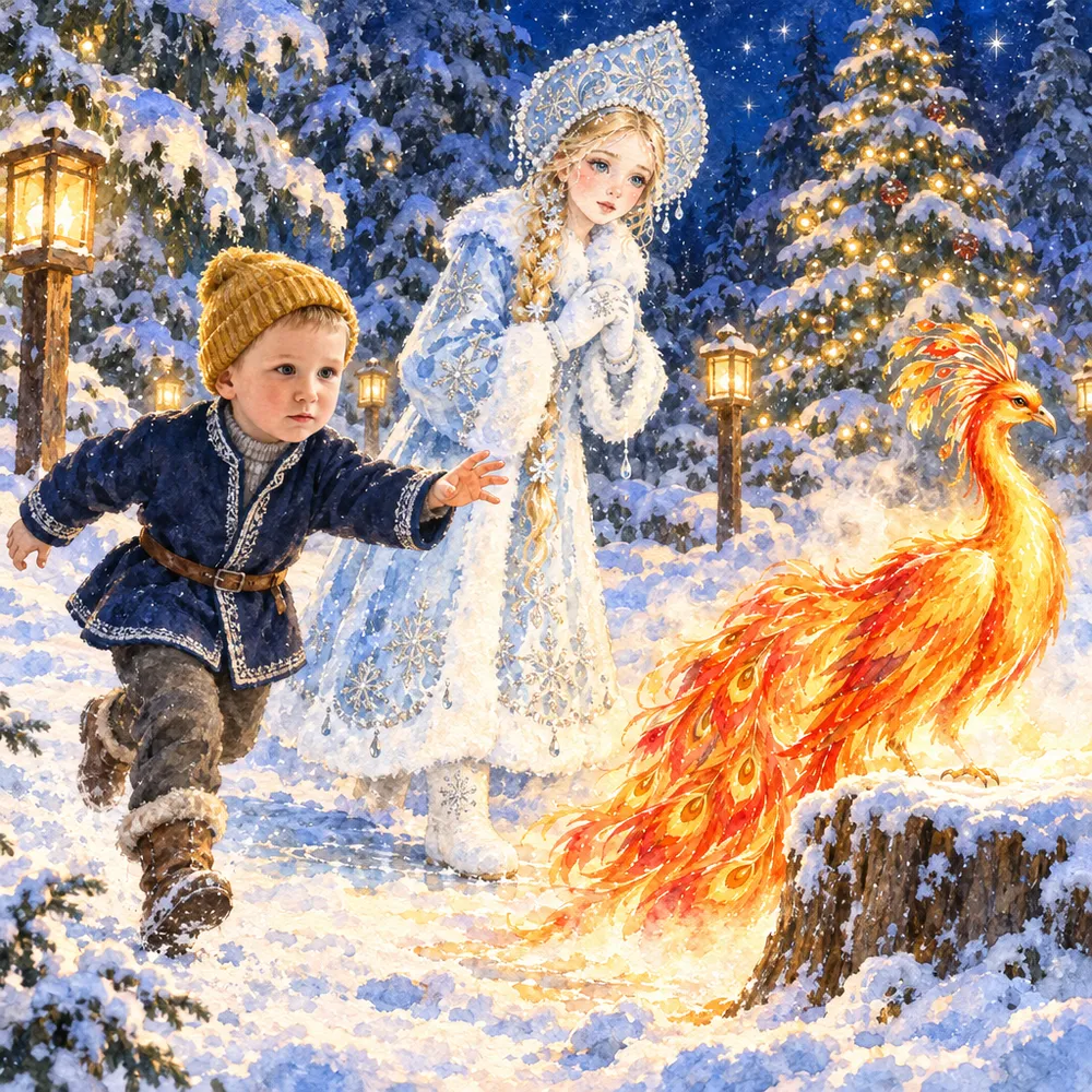 Иллюстрация из именной книги Booku: мальчик в синем кафтане бежит по снегу к Жар-птице с пылающими перьями у широкого пня, Снегурочка рядом замерла