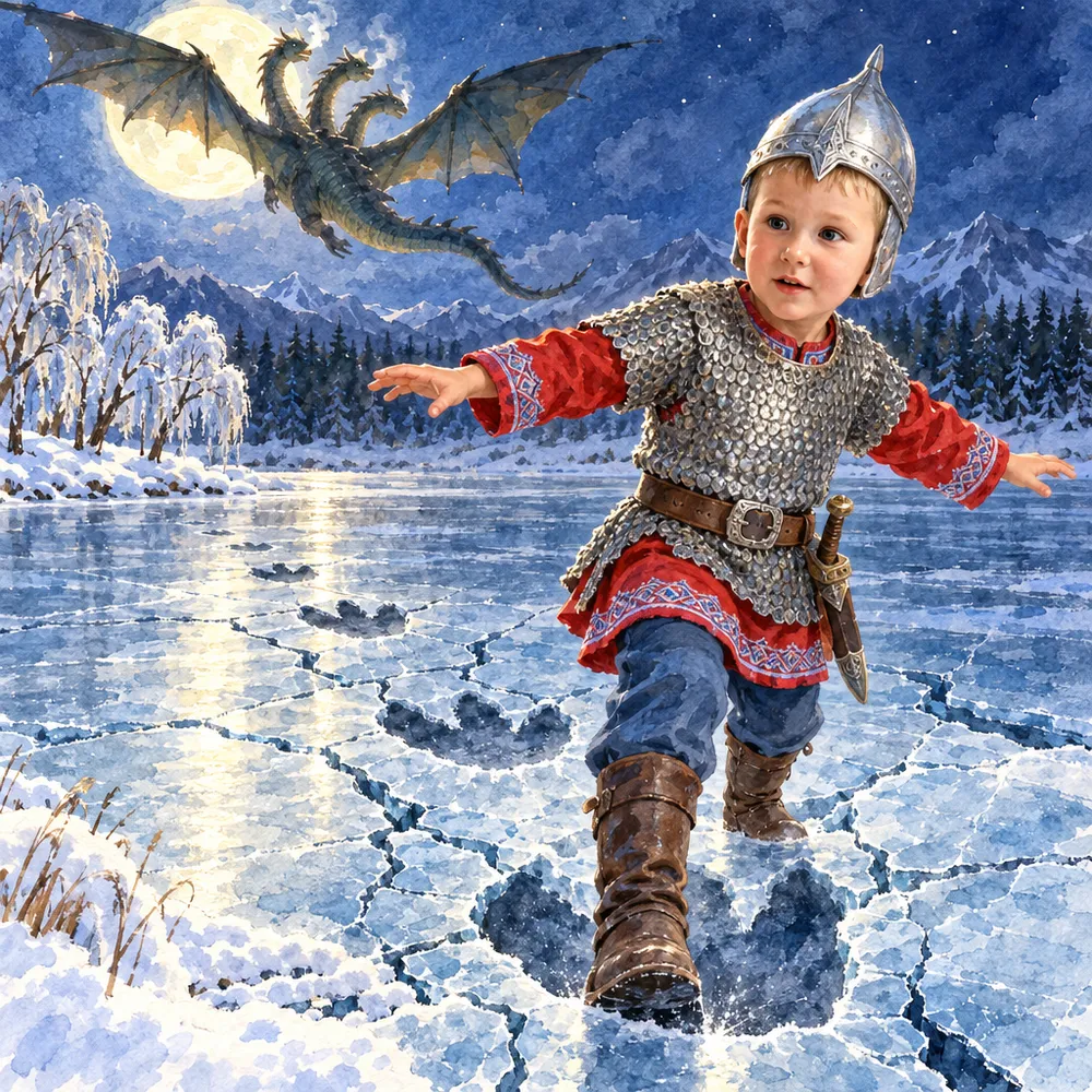 Иллюстрация из именной книги Booku: мальчик в кольчуге и шлеме шагает по треснувшему льду реки по огромным трёхпалым следам, над рекой пролетает змей