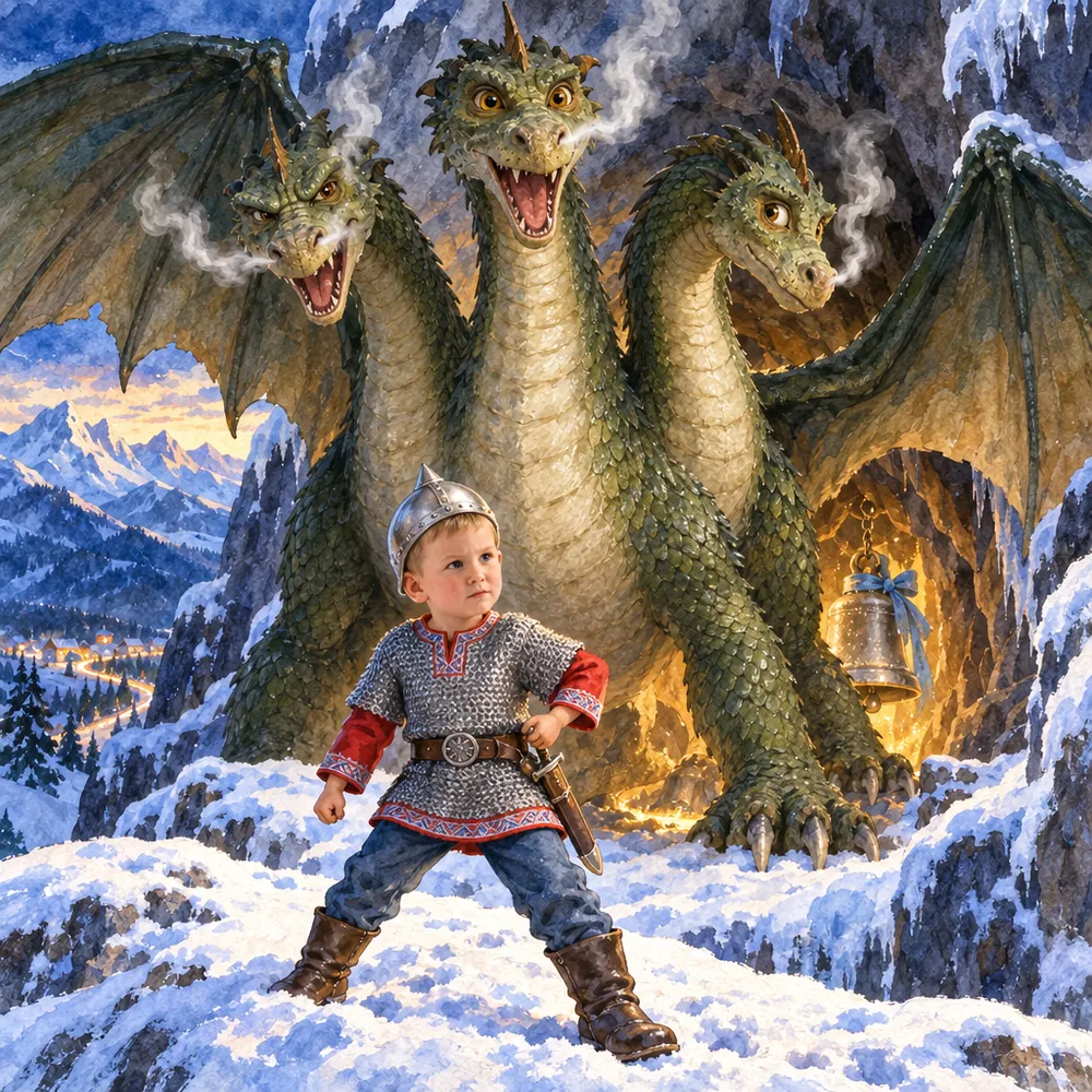 Иллюстрация из именной книги Booku: трёхголовый Змей Горыныч поднимается над входом в пещеру, раскинув крылья, перед ним стоит маленький богатырь в шлеме