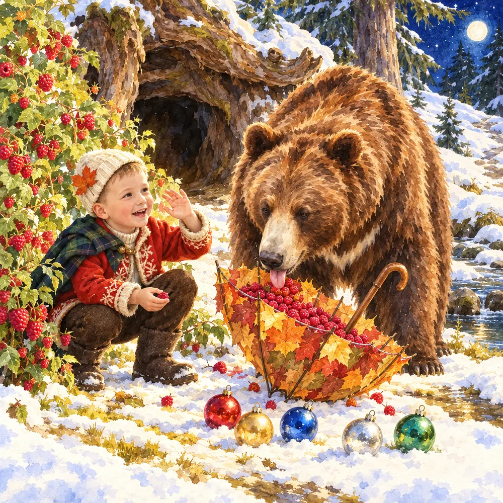 Иллюстрация из именной книги Booku: бурый медведь ест малину из перевёрнутого зонтика из листьев, мальчик сидит рядом на корточках, на снегу лежат ёлочные шары