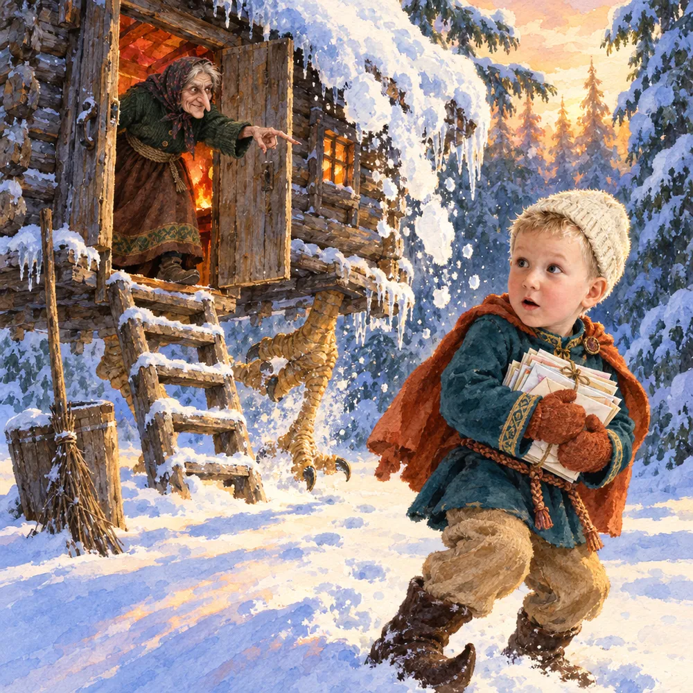 Иллюстрация из именной книги Booku: избушка на курьих ножках поворачивается, с крыши съезжает снег, мальчик с пачкой писем отпрянул на краю поляны