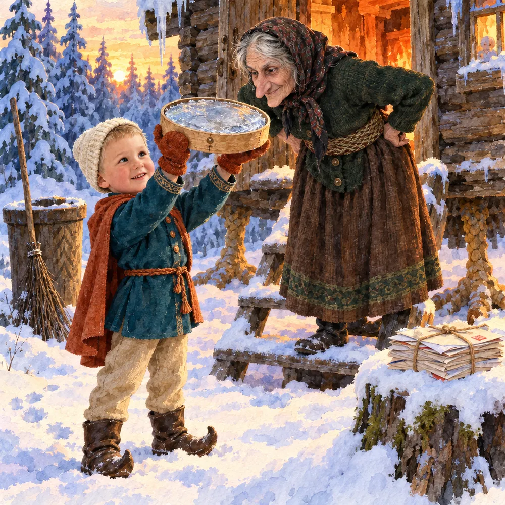 Иллюстрация из именной книги Booku: мальчик у лесенки избушки высоко поднимает решето, полное прозрачного льда, Баба-яга смотрит на него, уперев руки в бока