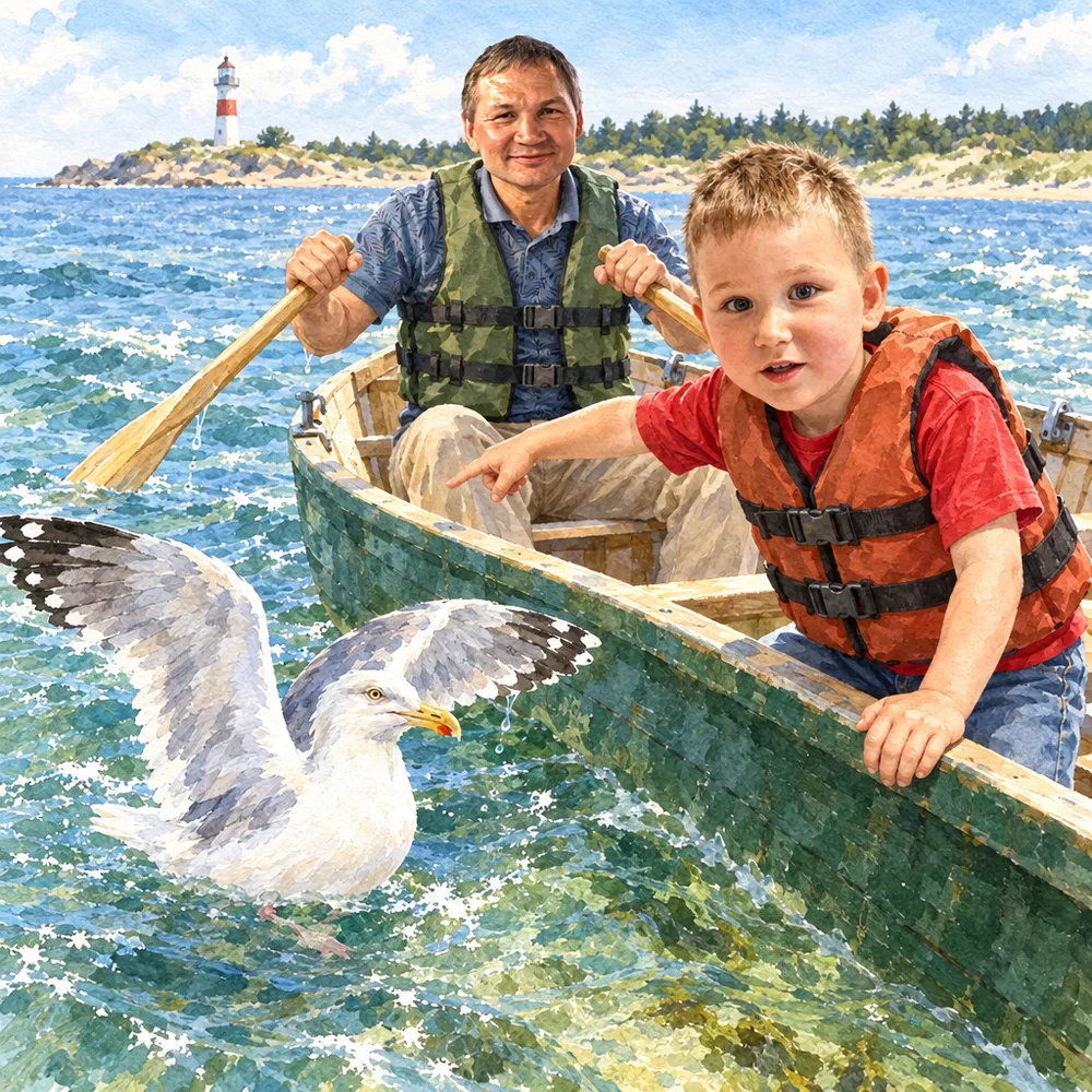 Иллюстрация из именной книги Booku: дедушка гребёт на деревянной лодке, мальчик в спасательном жилете показывает на чайку, которая села на волну