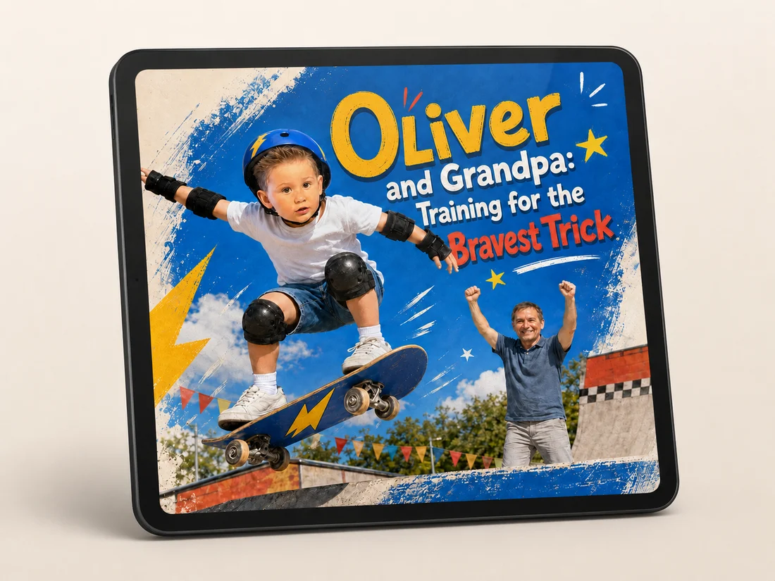 A tablet showing the cover of a personalised Booku starring a child and their grandma