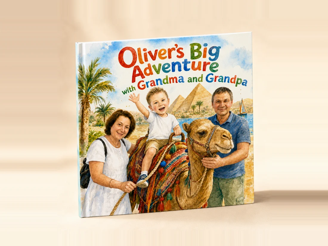 A printed hardcover Booku standing upright, showing its personalised cover