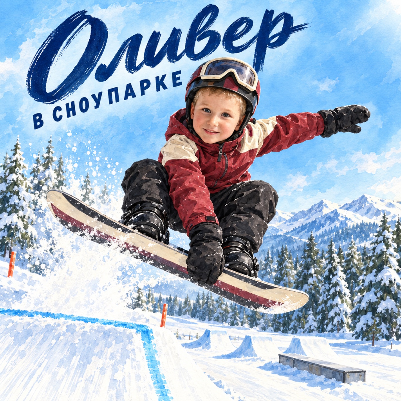 Обложка Booku «Оливер в сноупарке»: мальчик в шлеме и маске в прыжке на сноуборде, снежный склон и ёлки