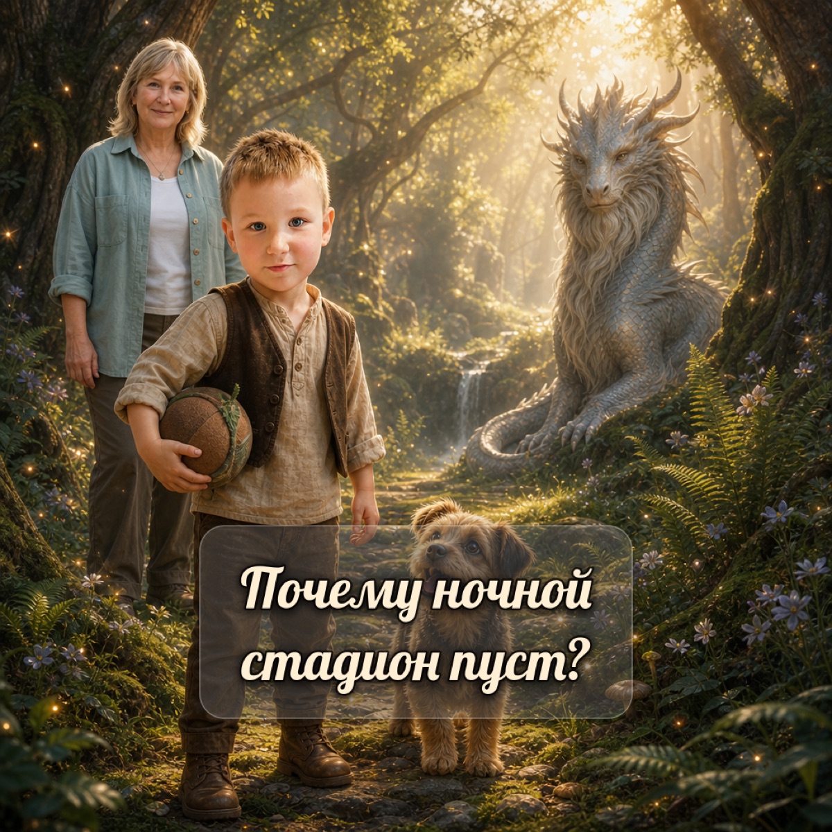 Бесплатная обложка СказкаAI: мальчик с мячом в волшебном лесу, рядом бабушка, собака и дракон, название «Почему ночной стадион пуст?»