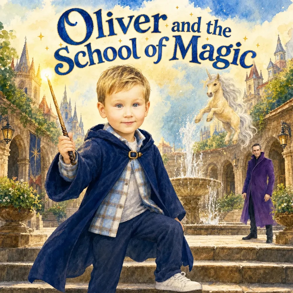 Booku cover: Oliver and the School of Magic, a boy in a wizard's cloak with a wand, a unicorn and a wizard behind him