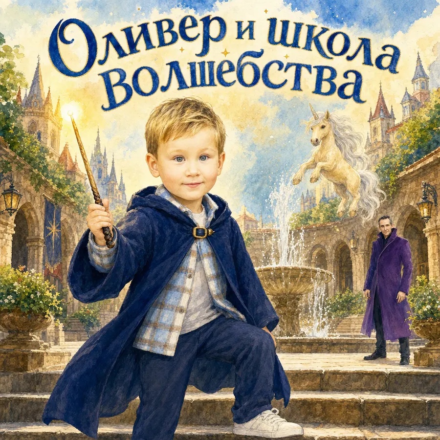 Обложка Booku: Оливер и школа волшебства, мальчик в плаще волшебника с палочкой, единорог и волшебник за спиной