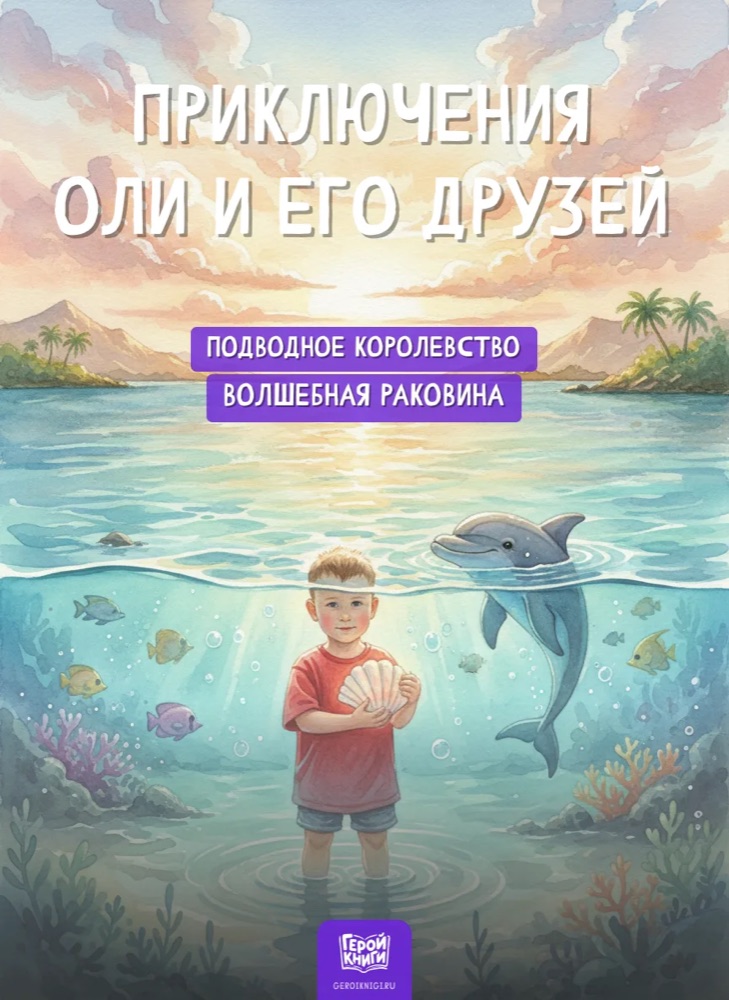 Превью ГеройКниги: мальчик в красной футболке с ракушкой на фоне моря и дельфина