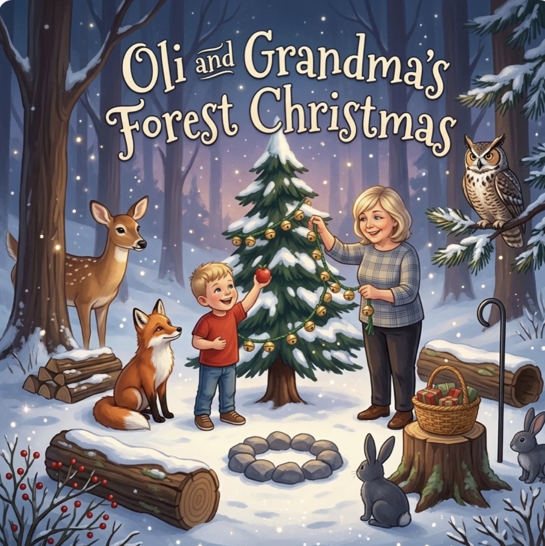 Lullaby preview: the cover of Oli and Grandma's Forest Christmas, a boy and his grandmother decorating a tree in a snowy forest with a fox, a deer and an owl