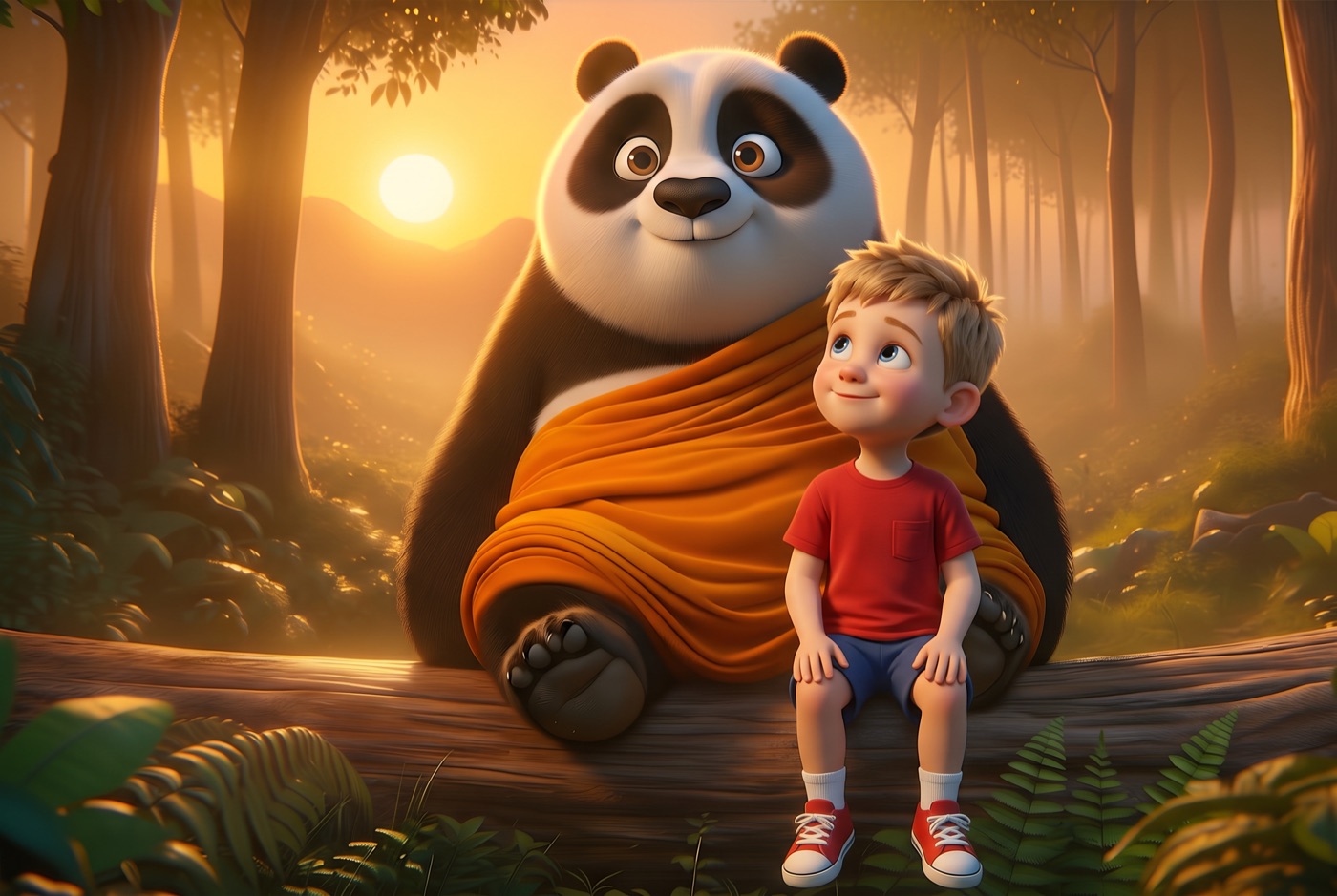 Magic Story preview: a boy in a red T-shirt sitting next to a giant panda in a sunlit forest